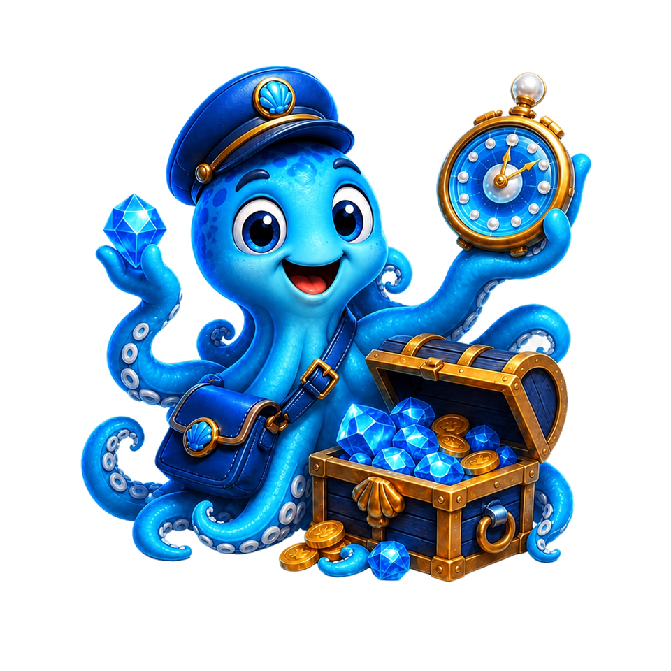 A cheerful octopus reward courier presenting a payout clock and Waves gem beside a treasure chest